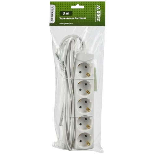 Удлинитель У05 5 мест с заземлением 3м 3х1мм2 10А/250В GENERICA