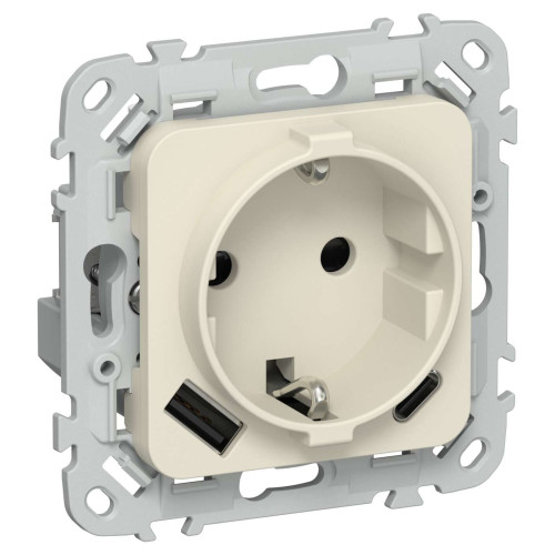 FLITE Розетка 1-местная с заземлением с защитными шторками 16А с USB A+C 20Вт безвинтовое крепление РСЮшс11-1-ФлСл сливочный IEK
