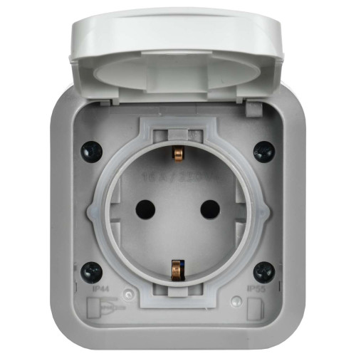 TORS Розетка 1-местная с заземлением защитными шторками и крышкой с иконкой самокат 16А IP55 TS321 серо-белый IEK