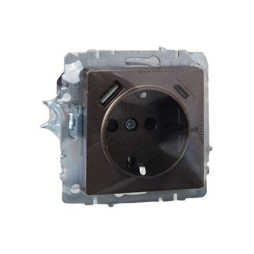 BRITE Розетка 1-местная с заземлением с защитными шторками 16А с USB A+C 18Вт РЮш11-1-БрТБ темная бронза IEK