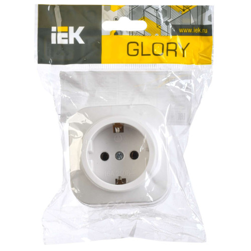 GLORY Розетка 1-местная для открытой установки с заземлением без защитных шторок 16А РС20-3-ХБ белый IEK