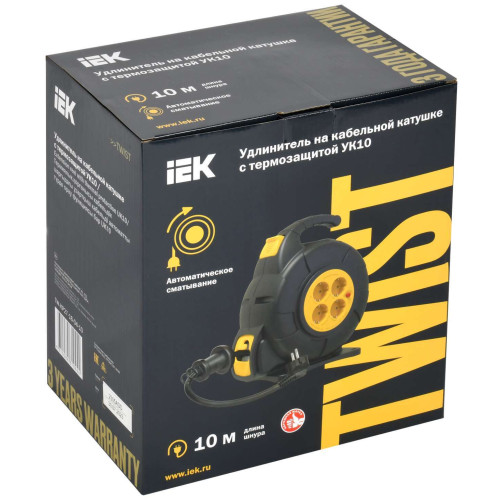 TWIST Катушка УК10 4 места с заземлением 3х1,5мм2 с автосмоткой кабеля 10м IEK
