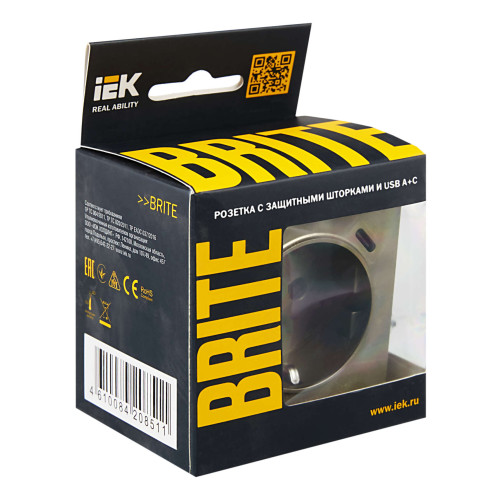 BRITE Розетка 1-местная с заземлением с защитными шторками 16А с USB A+C 18Вт РЮш11-1-БрШ шампань IEK