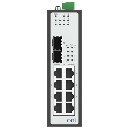 Коммутатор Ethernet промышленный неуправляемый ISU 2 SFP слота 100/1000BaseX 8 портов 10/100/1000BaseT разъем RJ45 с PoE 48В DC с резервированием ONI