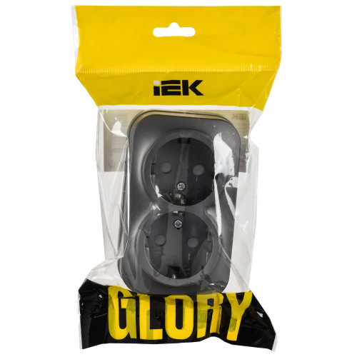 GLORY Розетка 2-местная для открытой установки с заземлением с защитными шторками 16А РСш22-3-ХСм сталь матовый IEK