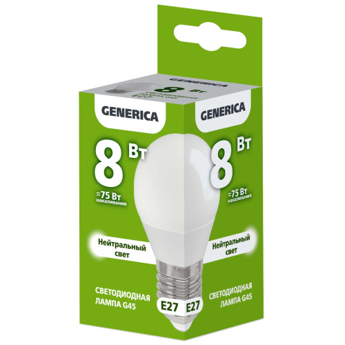 Лампа светодиодная G45 шар 8Вт 230В 4000К E27 GENERICA