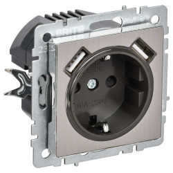 BRITE Розетка 1-местная с заземлением с защитными шторками 16А с USB A+A 5В 2,1А РЮш10-1-БрГН металл хром/никель IEK