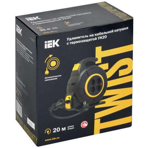 TWIST Катушка УК20 4 места с заземлением 3х1,5мм2 с автосмоткой кабеля 20м IEK