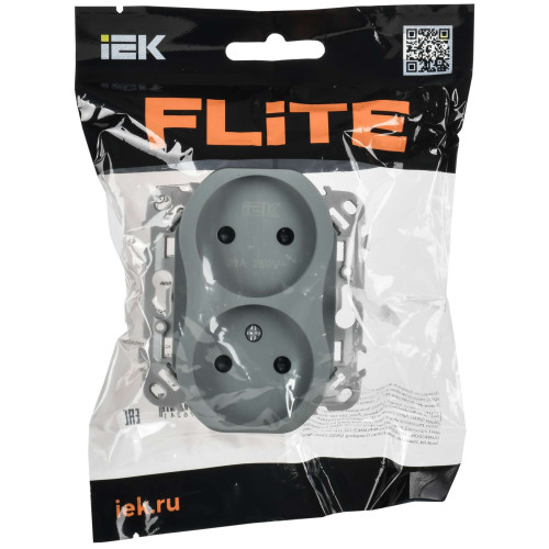 FLITE Розетка 2-местная без заземления с защитными шторками безвинтовое крепление 10А РСш02-1-ФлС серый IEK