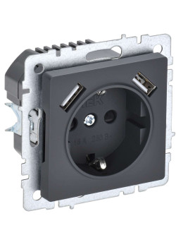 BRITE Розетка 1-местная с заземлением с защитными шторками 16А с USB A+A 5В 2,1А РЮш10-1-БрГ графит IEK