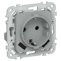 FLITE Розетка 1-местная с заземлением с защитными шторками 16А с USB A+A 3,1А безвинтовое крепление РСЮша11-1-ФлС серый IEK