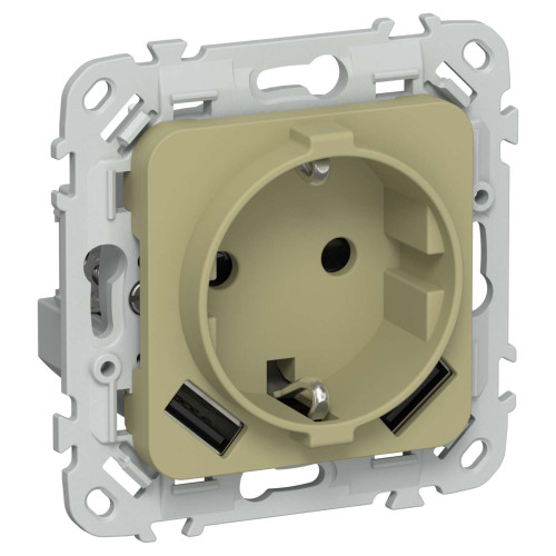 FLITE Розетка 1-местная с заземлением с защитными шторками 16А с USB A+A 3,1А безвинтовое крепление РСЮша11-1-ФлО оливковый IEK