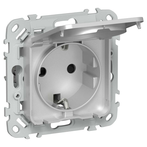 FLITE Розетка с заземлением с защитными шторками и крышкой безвинтовое крепление 16А IP44 РСшкр11-1-44-ФлА алюминий IEK