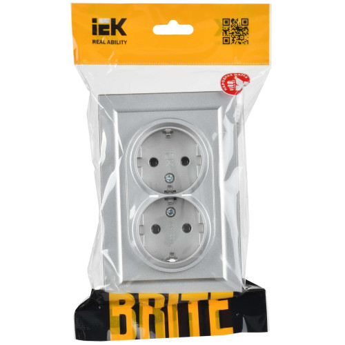 BRITE Розетка 2-местная с заземлением без защитных шторок 16А в сборе РС12-3-БрА алюминий IEK