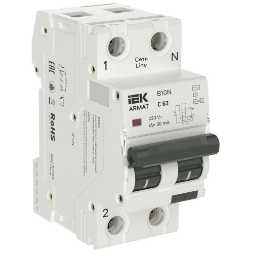 ARMAT Автоматический выключатель дифференциального тока B10N 1P+NP C63 30мА тип AC (36мм) IEK