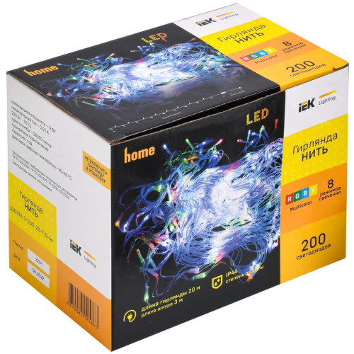 Гирлянда нить 20м 200 светодиодов RGB свет IP44 прозрачный шнур 3м 230В контроллер 8 сцен IEK