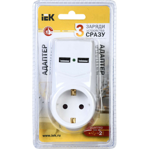 Адаптер Т-01/01 1 место с заземлением 16А 2хUSB 2,1A белый IEK