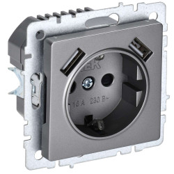 BRITE Розетка 1-местная с заземлением с защитными шторками 16А с USB A+A 5В 3,1А РЮш10-2-БрС сталь IEK