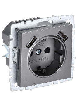 BRITE Розетка 1-местная с заземлением с защитными шторками 16А с USB A+A 5В 2,1А РЮш10-1-БрС сталь IEK