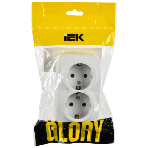 GLORY Розетка 2-местная для открытой установки с заземлением без защитных шторок 16А РС22-3-ХБм белый матовый IEK