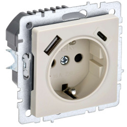 BRITE Розетка 1-местная с заземлением с защитными шторками 16А с USB A+C 18Вт РЮш11-1-БрКр бежевый IEK