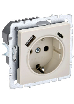 BRITE Розетка 1-местная с заземлением с защитными шторками 16А с USB A+C 18Вт РЮш11-1-БрКр бежевый IEK