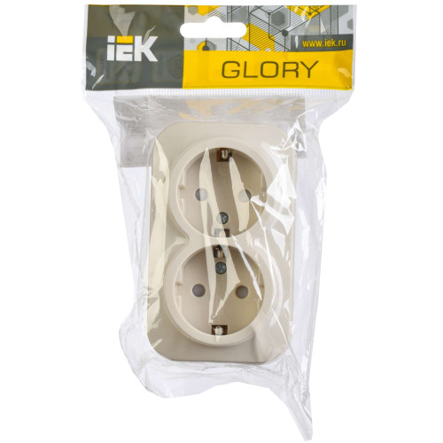 GLORY Розетка 2-местная для открытой установки с заземлением с защитными шторками 16А РСш22-3-ХК кремовый IEK