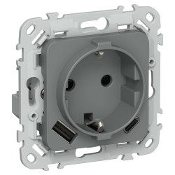 FLITE Розетка 1-местная с заземлением с защитными шторками 16А с USB A+C 20Вт РСЮшс11-0-ФлМА мокрый асфальт IEK