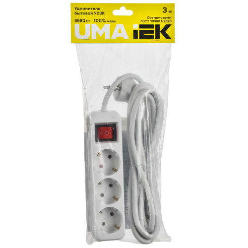 UMA Удлинитель У03К 3 места 2P+PE 3м 3х1,5мм2 16А белый IEK