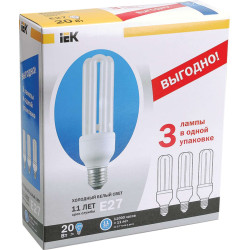 Лампа энергосберегающая КЭЛ-3U Е27 20Вт 4000К Т4 ПРОМОПАК 3шт IEK