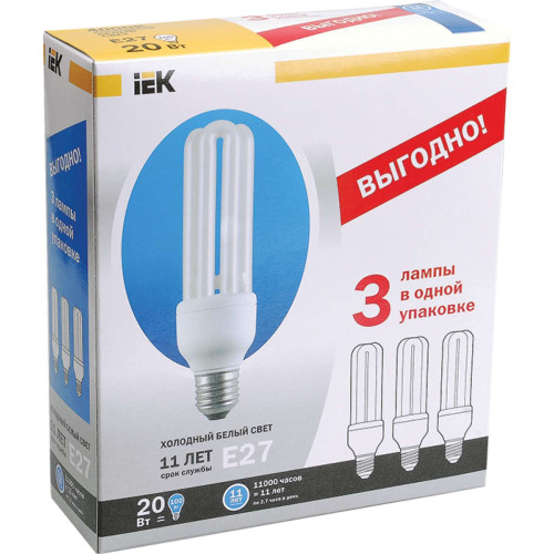 Лампа энергосберегающая КЭЛ-3U Е27 25Вт 4000К Т4 ПРОМОПАК 3шт IEK