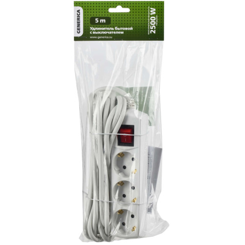 Удлинитель У03В 3 места с заземлением 5м 3х1мм2 10А/250В GENERICA Удлинитель У03В 3 места с заземлением 5м 3х1мм2 10А/250В GENERICA