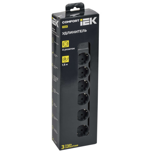 COMFORT Удлинитель У06К 6 мест 2P+PE 1,5м 3х1,5мм2 16А черный IEK