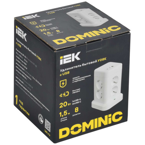DOMINIC Удлинитель У08K 8 мест 2P+PE 1,5м 3х1,0мм2 16А/250В USB A+C 20Вт белый IEK DOMINIC Удлинитель У08K 8 мест 2P+PE 1,5м 3х1,0мм2 16А/250В USB A+C 20Вт белый IEK