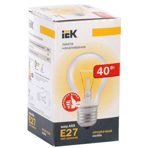 Лампа накаливания A55 шар прозрачная 40Вт E27 IEK