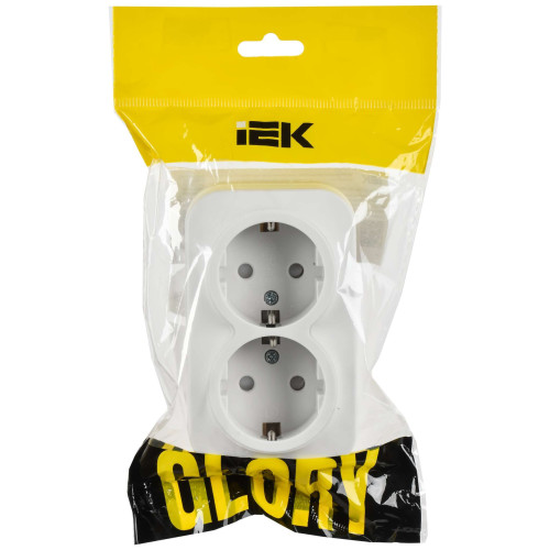 GLORY Розетка 2-местная для открытой установки с заземлением с защитными шторками 16А РСш22-3-ХБм белый матовый IEK