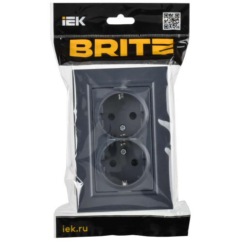 BRITE Розетка 2-местная с заземлением с защитными шторками плоская 16А в сборе РСшПл12-3-БрМ маренго IEK