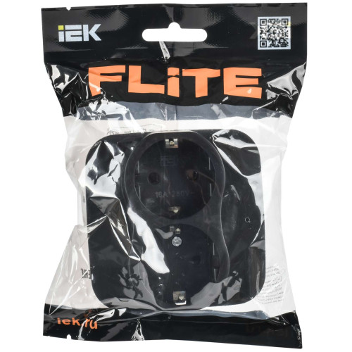FLITE Розетка 2-местная с заземлением без защитных шторок безвинтовое крепление 16А РС12-1-А-ФлЧ черный IEK
