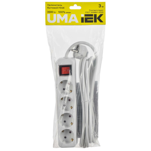 UMA Удлинитель У04К 4 места 2P+PE 3м 3х1,5мм2 16А белый IEK