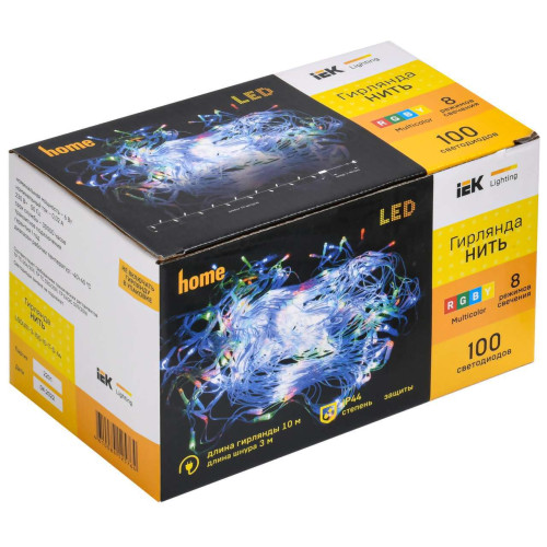 Гирлянда нить 10м 100 светодиодов RGB свет IP44 прозрачный шнур 3м 230В контроллер 8 сцен IEK