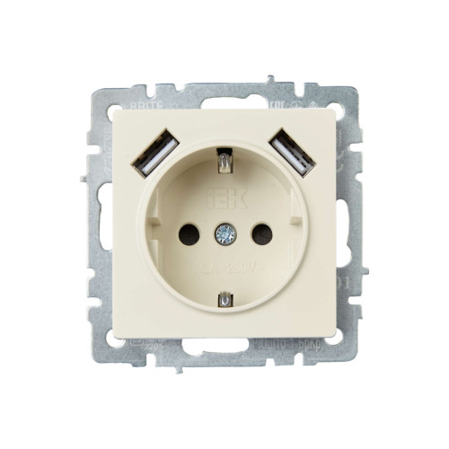 BRITE Розетка 1-местная с заземлением с защитными шторками 16А с USB A+A 5В 2,1А РЮш10-1-БрКр бежевый IEK
