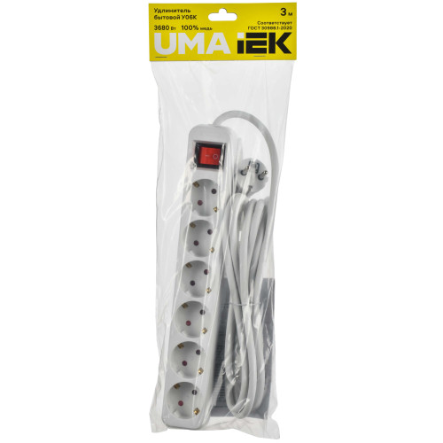 UMA Удлинитель У06К 6 мест 2P+PE 3м 3х1,5мм2 16А белый IEK