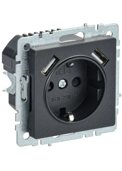 BRITE Розетка 1-местная с заземлением с защитными шторками 16А с USB A+A 5В 2,1А РЮш10-1-БрЧ черный IEK
