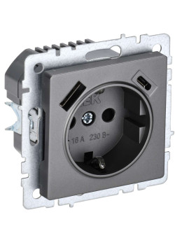 BRITE Розетка 1-местная с заземлением с защитными шторками 16А с USB A+C 18Вт РЮш11-1-БрС сталь IEK