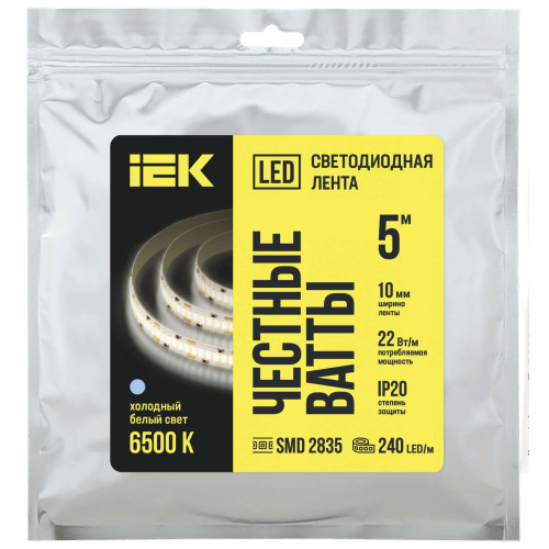 Лента светодиодная 5м SMD2835 240LED/м 22Вт/м IP20 ширина 10мм 24В холодный белый IEK