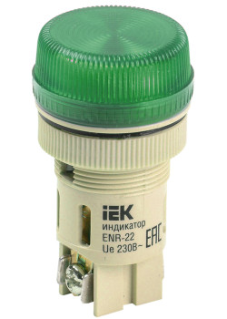 Лампа ENR-22 сигнальная d=22мм зеленый неон/240В цилиндр IEK