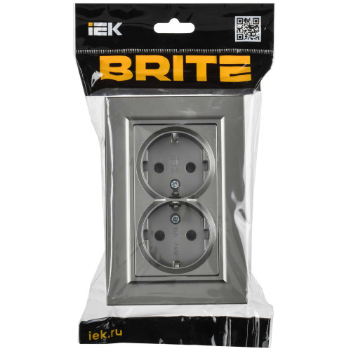 BRITE Розетка 2-местная с заземлением с защитными шторками плоская 16А в сборе РСшПл12-3-БрС сталь IEK