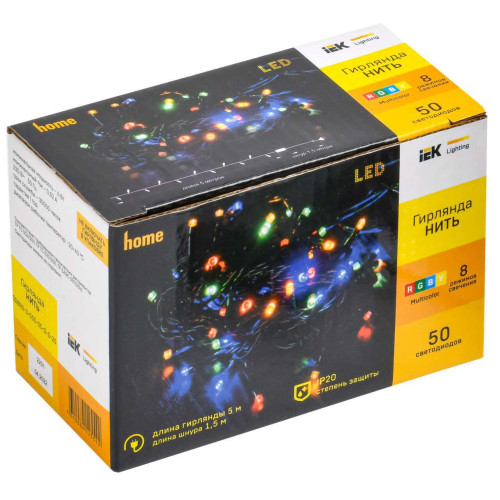 Гирлянда нить 5м 50 светодиодов RGB IP20 зеленый шнур 1,5м 230В контроллер 8 сцен IEK