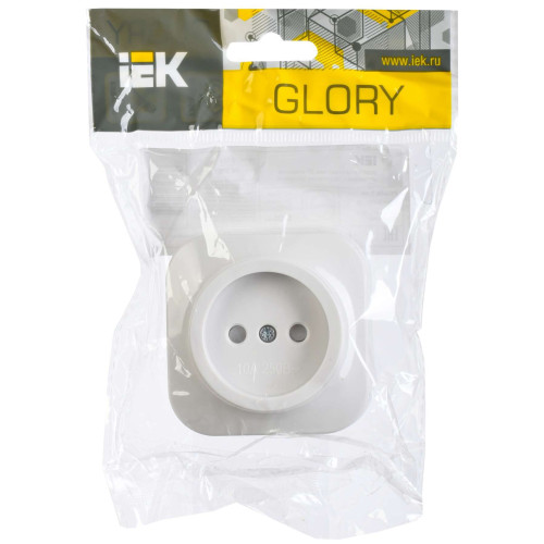 GLORY Розетка 1-местная для открытой установки без заземления с защитными шторками 10А РСш20-2-ХБ белый IEK