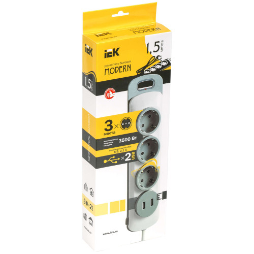Удлинитель У03В 3 места 2P+PE/1,5м 3х1мм2 16А/250В USBх2 MODERN IEK